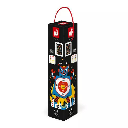 Tall black box with a red handle, featuring a blue robot target graphic and colorful magnetic dart illustrations.