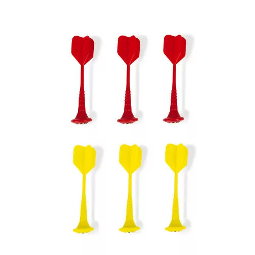 Six plastic magnetic darts with flat tips, three red on top and three yellow on the bottom.