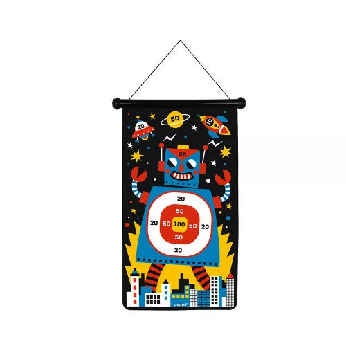 Hanging magnetic dart board featuring a colorful robot and target against a black space-themed background.