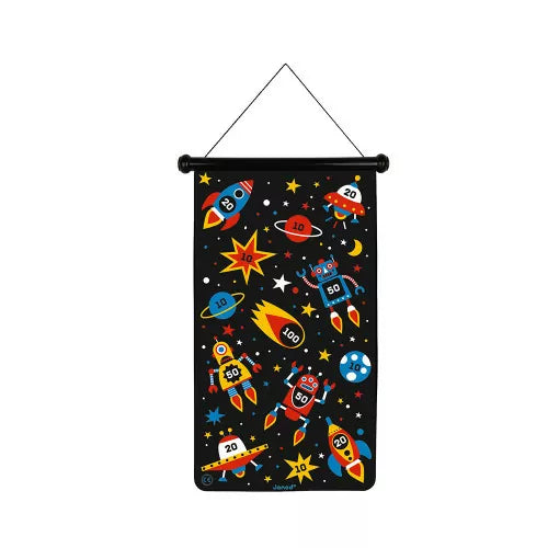 Vertical black magnetic dart board featuring colorful space illustrations of robots and rockets with point values.