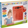 Toy box for a red magnetic drawing board featuring a young girl using a black stylus pen on a grid of magnetic holes.