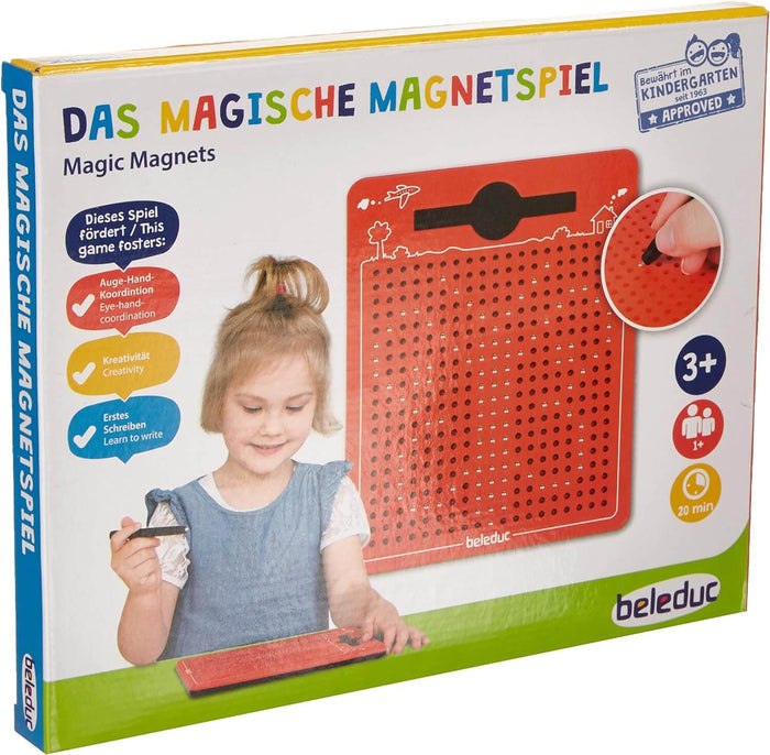 Toy box for a red magnetic drawing board featuring a young girl using a black stylus pen on a grid of magnetic holes.