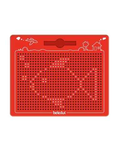 Red rectangular magnetic drawing board with a fish shape made from small white beads on a black grid.