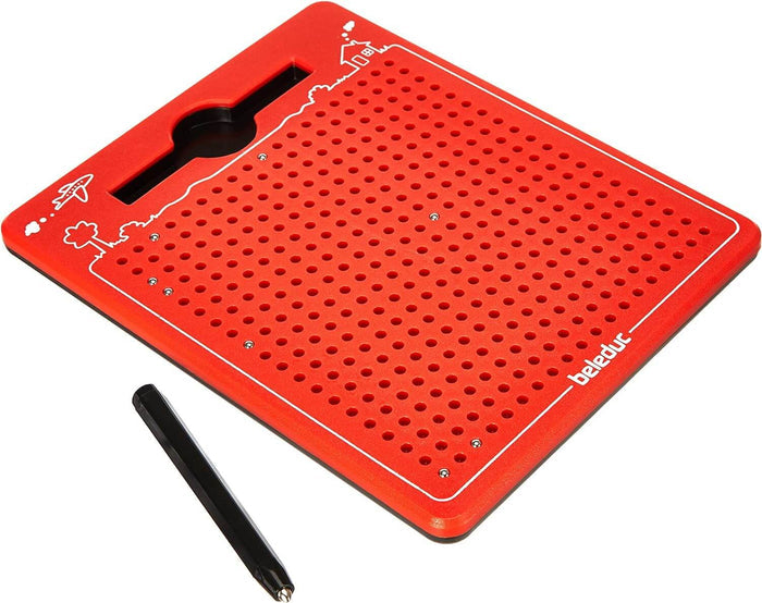 Red magnetic drawing board with a grid of holes, white line art, and a black magnetic stylus.