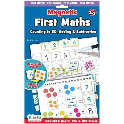 Blue math learning set featuring white magnetic boards, number tiles, and colorful picture cards with a dry-erase pen.
