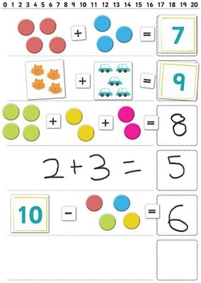 Colorful magnetic math set showing addition and subtraction equations with circles, cats, cars, and number magnets.