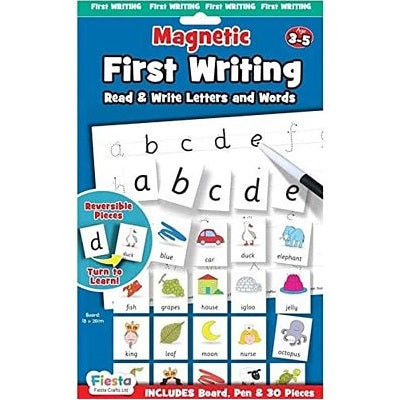 Blue and white magnetic first writing set with alphabet tiles, object illustrations, a tracing board, and dry-erase pen.