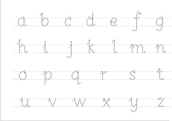 Black dotted lowercase alphabet a-z with directional arrows for tracing on a white lined background.