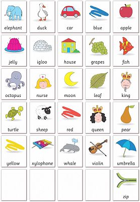 Grid of educational cards with colorful cartoon illustrations and matching words like elephant, apple, and car.