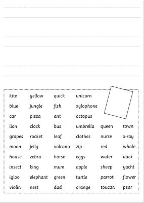 White writing board for kids with lined writing space and a grid of basic words including kite, blue, and car.