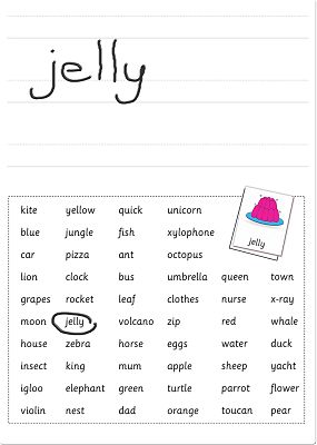 Handwritten word jelly on lines above a word grid with jelly circled and a matching pink jelly flashcard.