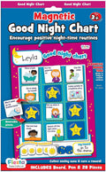 Blue and pink magnetic chart for bedtime routines with illustrated tasks, yellow smiley star magnets, and sun tracker.
