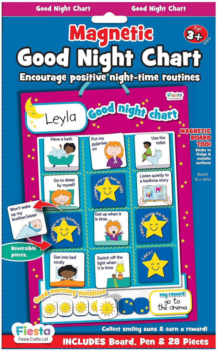 Blue and pink magnetic chart for bedtime routines with illustrated tasks, yellow smiley star magnets, and sun tracker.