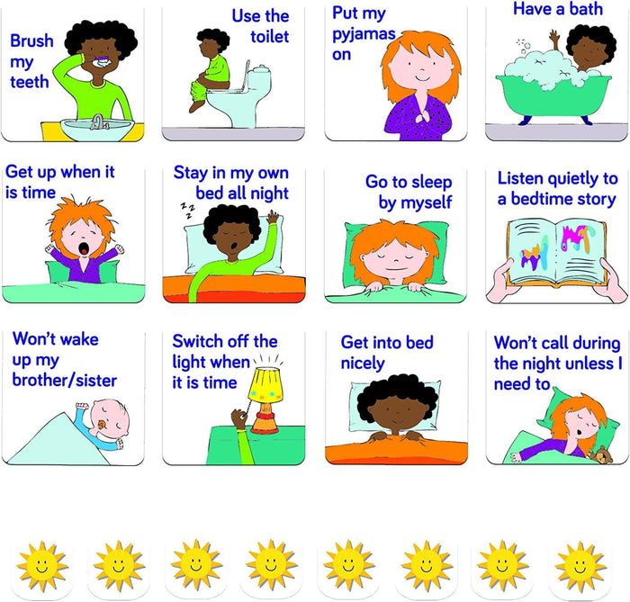 12 square magnetic tiles with bedtime illustrations and 8 yellow sun-shaped smiley reward magnets for kids.