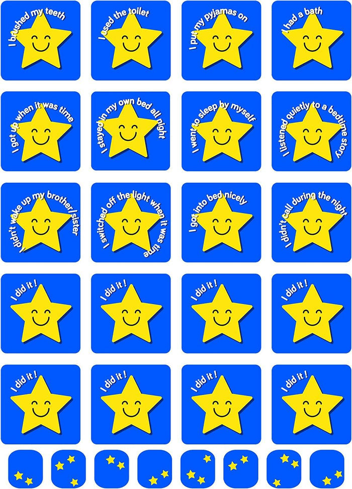 Grid of blue magnetic squares with yellow smiley stars for tracking bedtime routines and rewards.