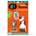 Orange game card featuring a green frog, a grey cat on a mat, and a brown dog on a log with magnetic word tiles.