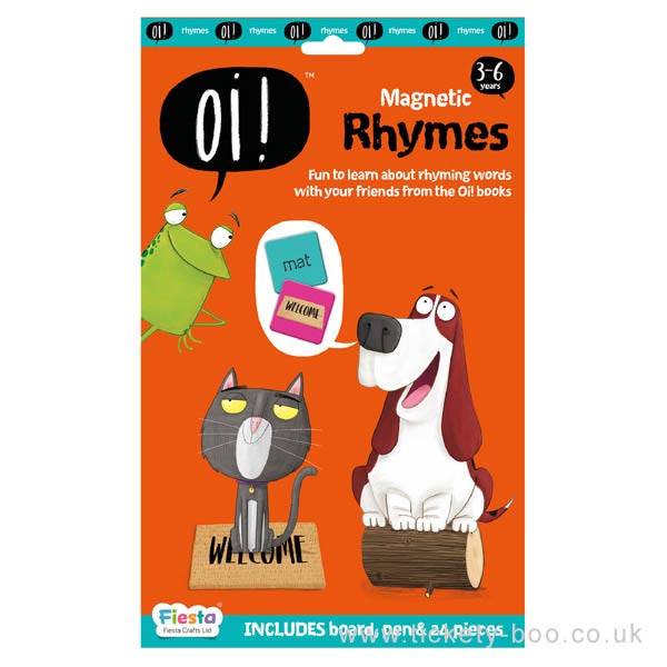 Orange game card featuring a green frog, a grey cat on a mat, and a brown dog on a log with magnetic word tiles.
