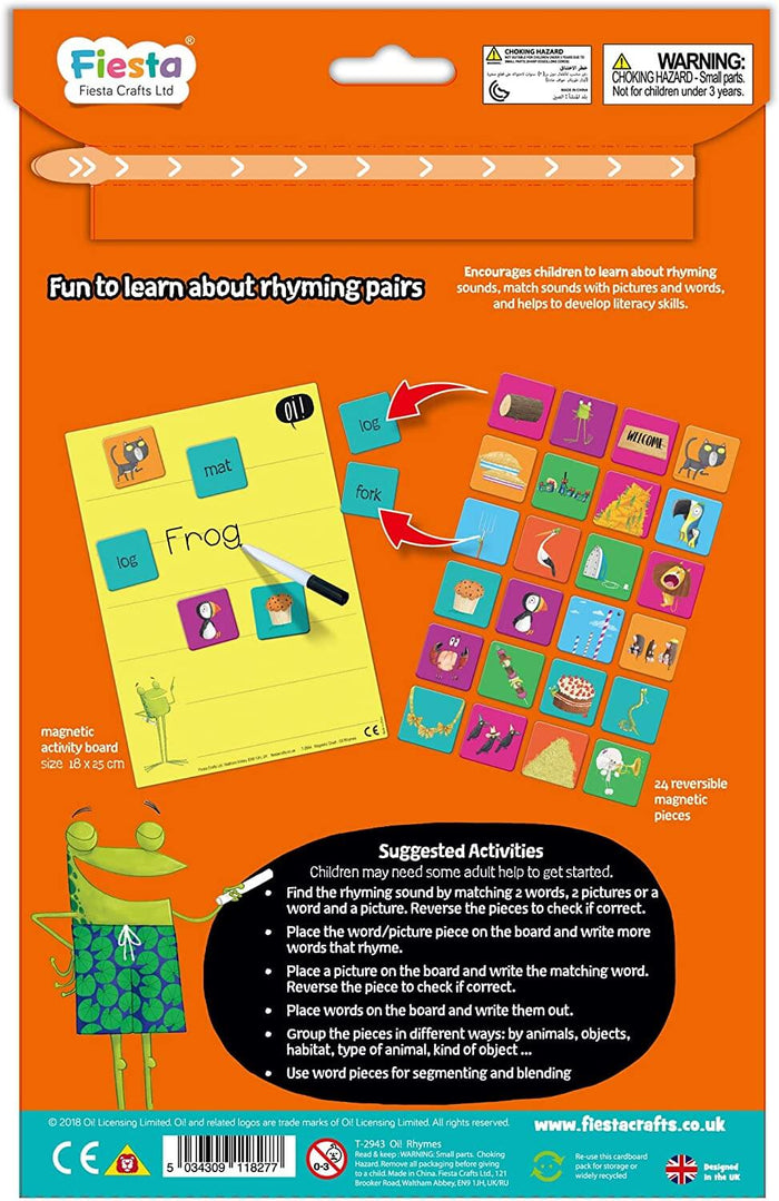 Orange packaging for a magnetic game featuring a yellow activity board, word and picture tiles, and a green cartoon frog.