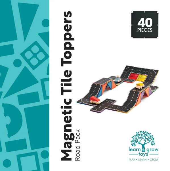 40-piece magnetic road topper set shown forming a track with toy cars on colorful tiles. Teal and white packaging.
