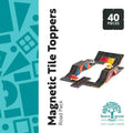 40-piece magnetic road topper set shown forming a track with toy cars on colorful tiles. Teal and white packaging.