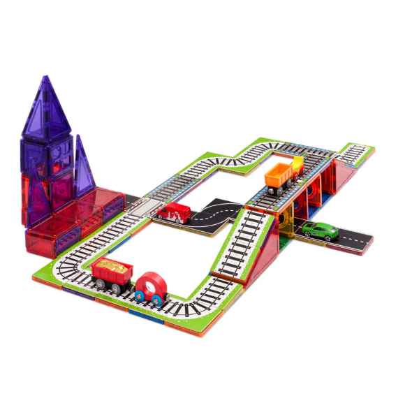 Colorful magnetic tiles and rail toppers forming a track layout and purple tower with small toy vehicles.