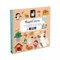 Peach rectangular book-shaped box with cartoon illustrations of pets, a large white dog, and a teal spine.