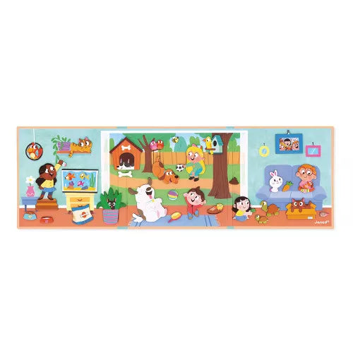 Trifold board with colorful cartoon illustrations of children playing with pets in a house and backyard garden.
