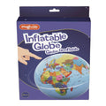 Purple box for a 30cm inflatable globe showing a hand pointing to a colorful map of world continents and countries.