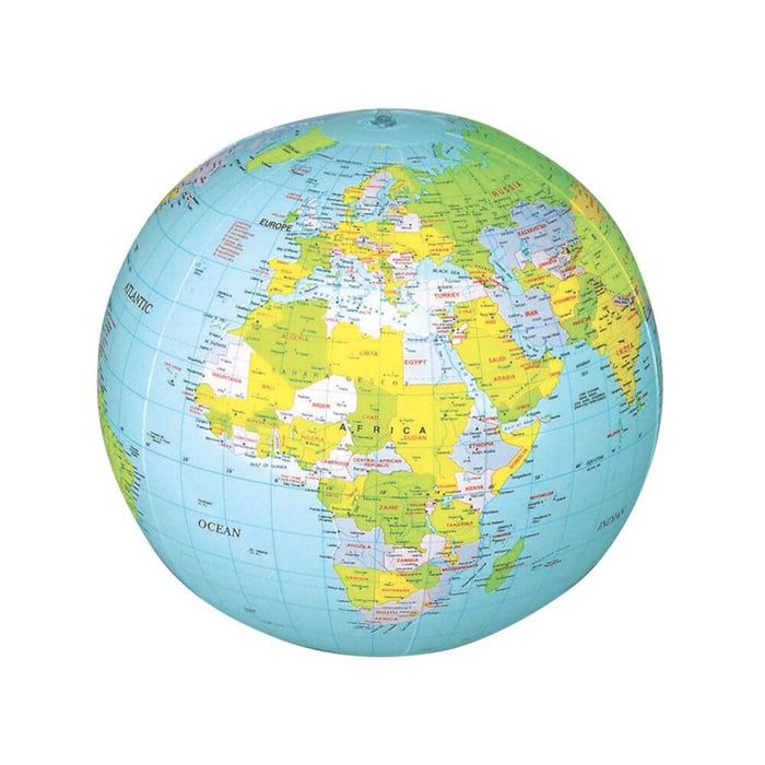 Inflatable globe sphere featuring a colorful world map with blue oceans and labeled continents and countries.