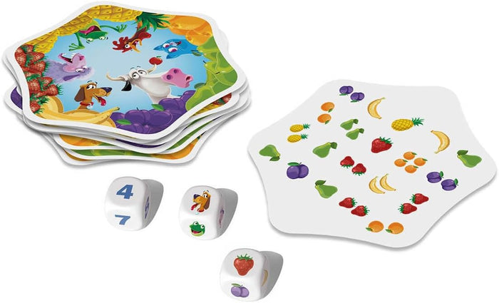 Stack of wavy-edged game cards with animal and fruit art, one card with fruit icons, and three white dice.