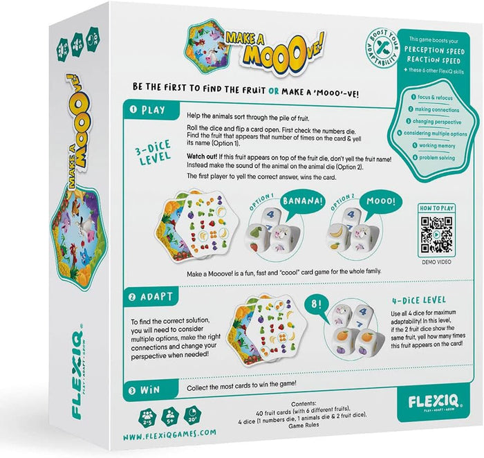 Back of game box with teal panels showing colorful fruit cards, animal-themed dice, and illustrated instructions.