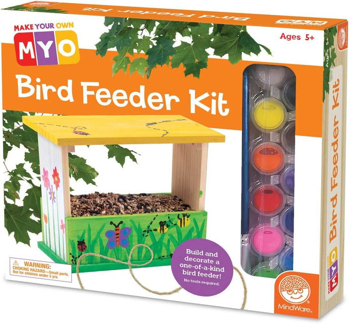 Orange box showing a painted wooden bird feeder with birdseed and a row of colorful paints with a brush.