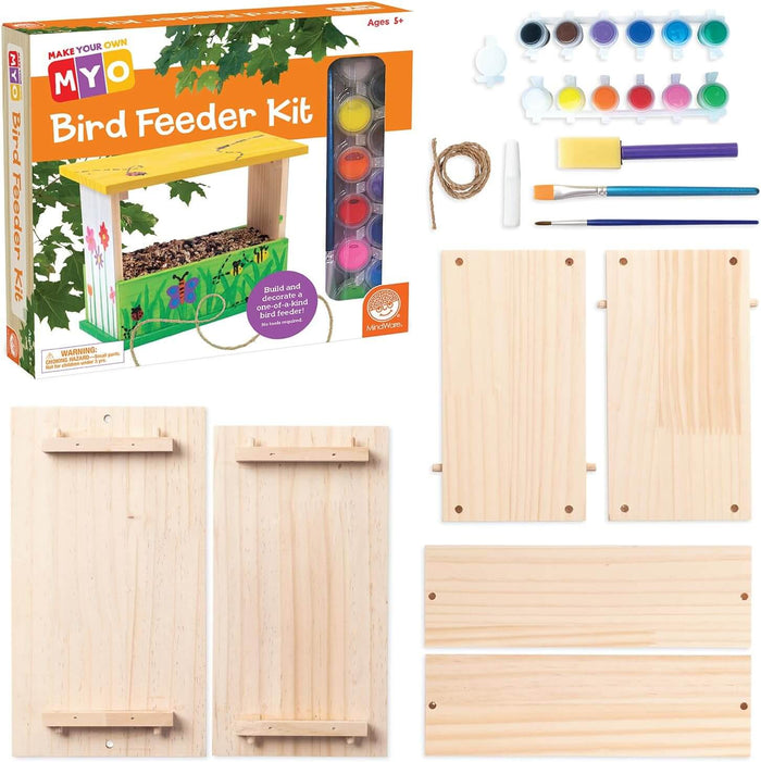 DIY wood bird feeder kit with pre-cut boards, 12 paint pots, brushes, and twine next to its orange and white box.