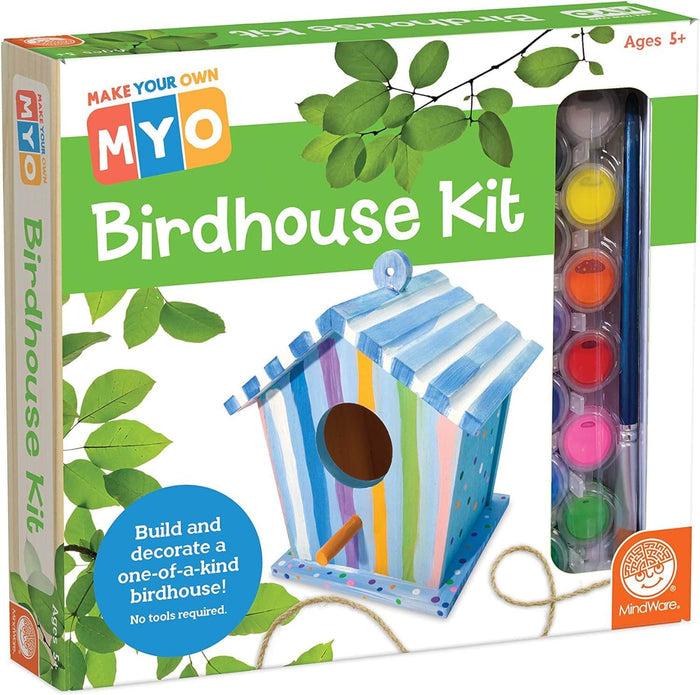 Green birdhouse kit box featuring a colorful striped house, six paint pots, a blue paintbrush, and hanging twine.