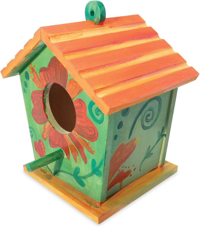 Hand-painted wooden birdhouse with green walls, an orange striped roof, red flower designs, and a small perch.