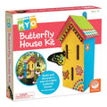 Box for a DIY butterfly house kit showing a yellow wooden house with a pink roof, flower patterns, and vertical slits.