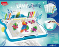 Blue and white light-up drawing board with colorful markers and animal templates for tracing on a glowing screen.