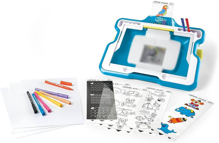 Blue and white light-up drawing projector with tracing sheets, colorful markers, and blank paper on a white background.