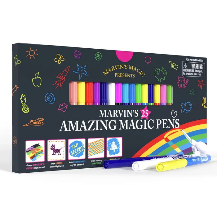 Black box of 25 magic markers with neon doodles, a clear window, and three pens resting on a rainbow graphic.