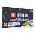 Black box of 25 magic markers with neon doodles, a clear window, and three pens resting on a rainbow graphic.