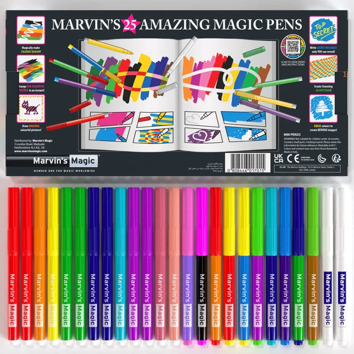 25 colorful magic pens lined up below an illustrated box lid showing color-changing effects and creative drawings.