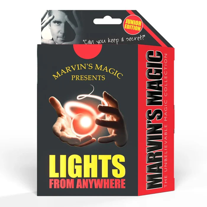 Black and red box with hands holding a glowing orange light. Junior Edition seal, Marvin's face, and bold yellow text.