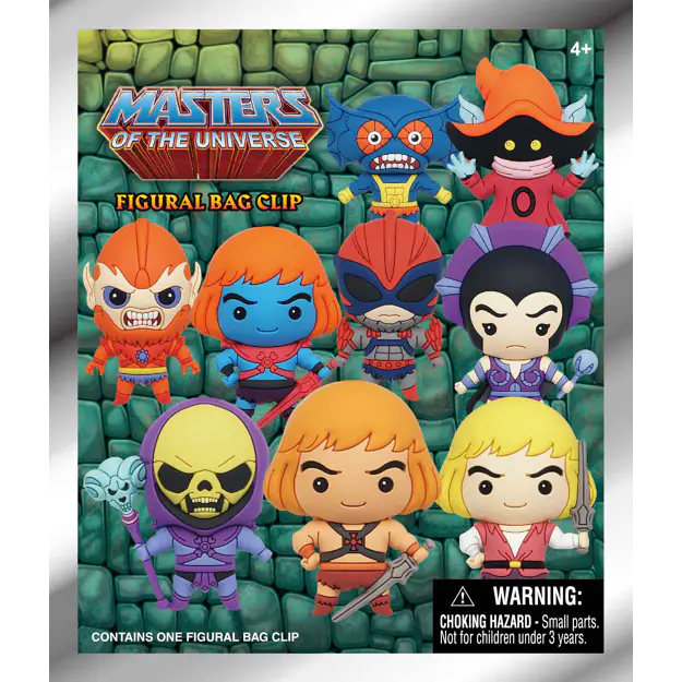 Nine cartoon Masters of the Universe figural bag clips featuring He-Man and Skeletor on a green stone background.