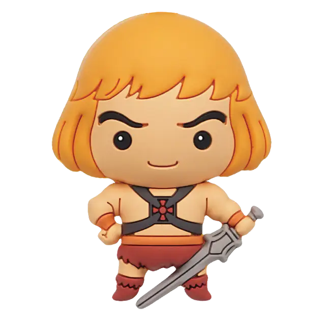 Stylized rubber He-Man bag clip with blonde bowl-cut hair, grey chest harness, and a grey sword.