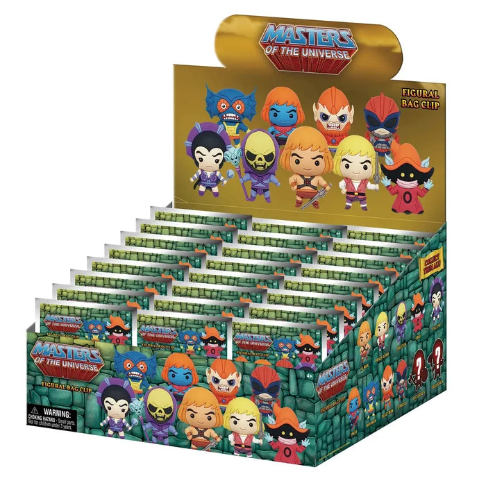 Display box with green stone-textured art and silver foil blind bags featuring colorful cartoon character graphics.