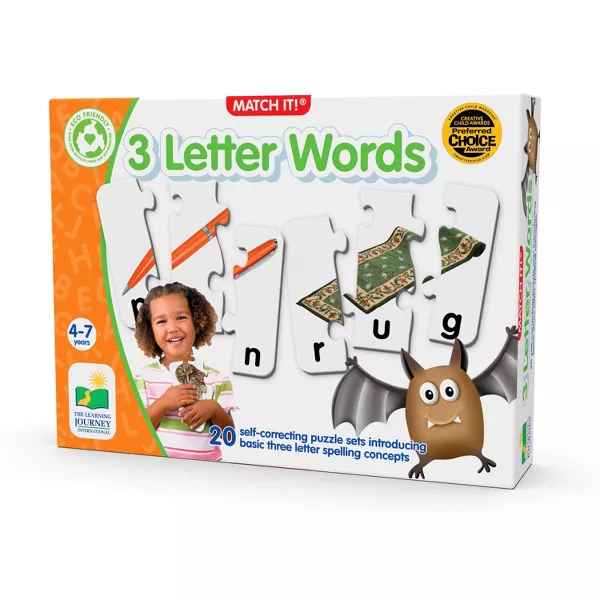Box for a 3-letter spelling game featuring a girl, a brown cartoon bat, and puzzle pieces for the words pen and rug.