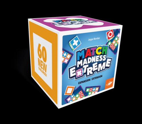 Square blue and orange expansion box featuring 60 new challenges and illustrations of colorful symbolic game pieces.