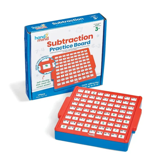 Red and blue math board with white subtraction tiles next to its blue and white branded box.