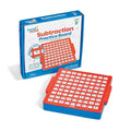 Red and blue math board with white subtraction tiles next to its blue and white branded box.