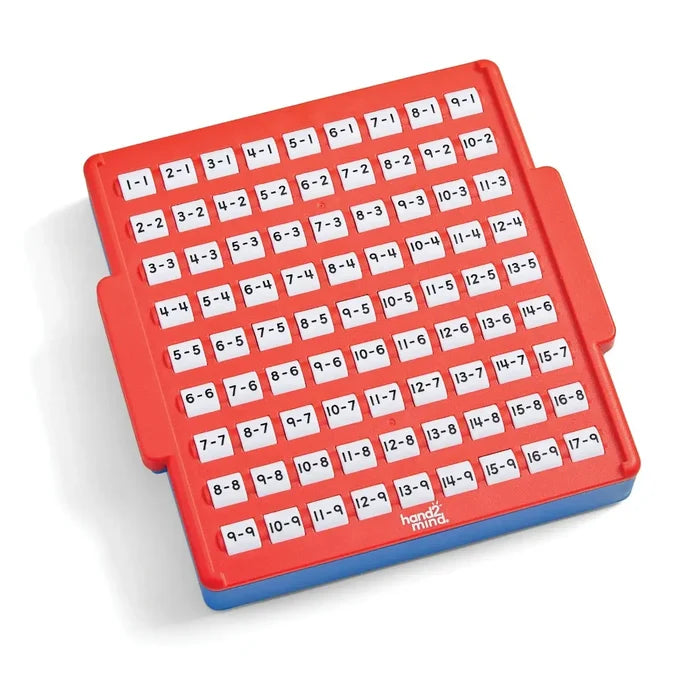 Red and blue subtraction board with a grid of white square tiles featuring black subtraction equations.